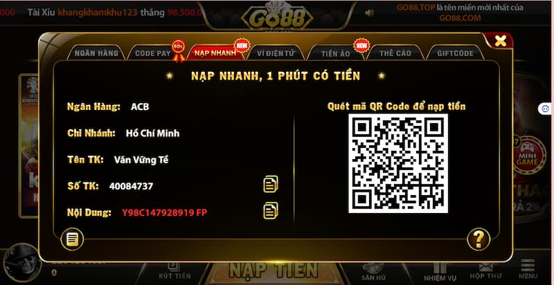 Tổng hợp 4 phương thức nạp tiền Go88